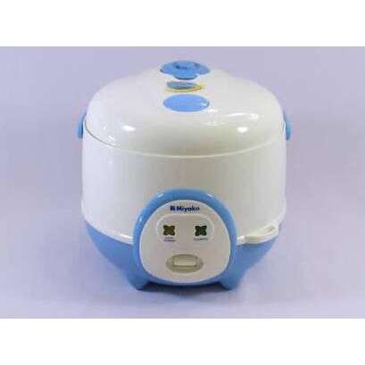 a blue and white toaster is shown on a white background.