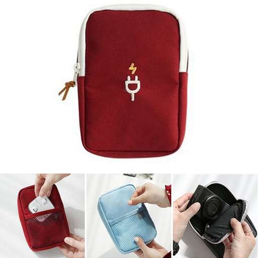 a red bag with a zipper and a small pocket.