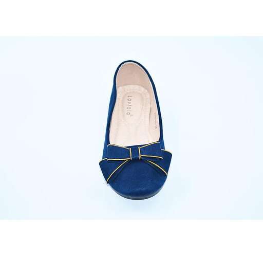 a pair of blue shoes with a gold bow on the sole.