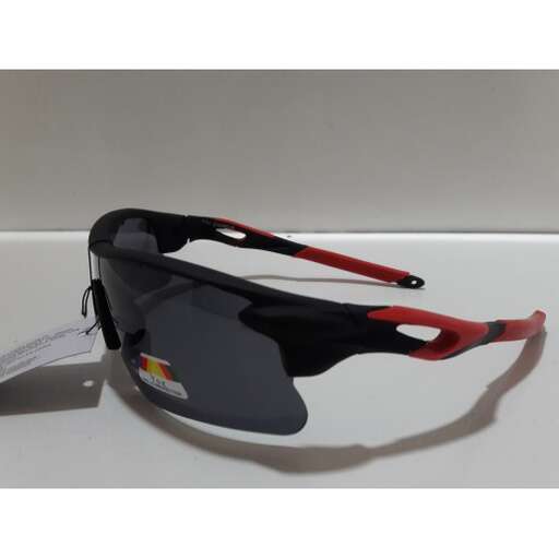 a pair of sunglasses with a red and black frame.