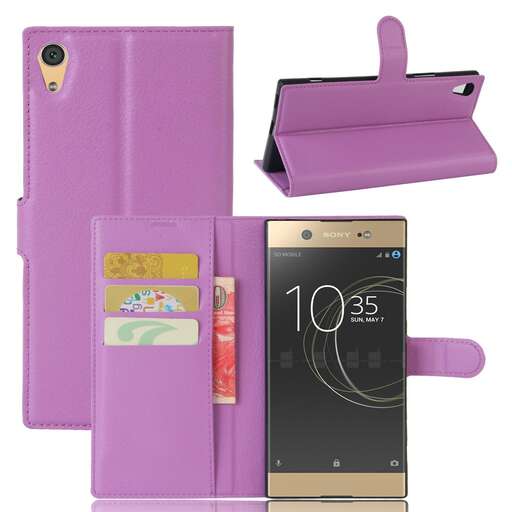 a purple wallet with a black case.