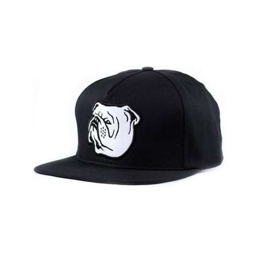 this is a black baseball cap with a white face and a black hat.