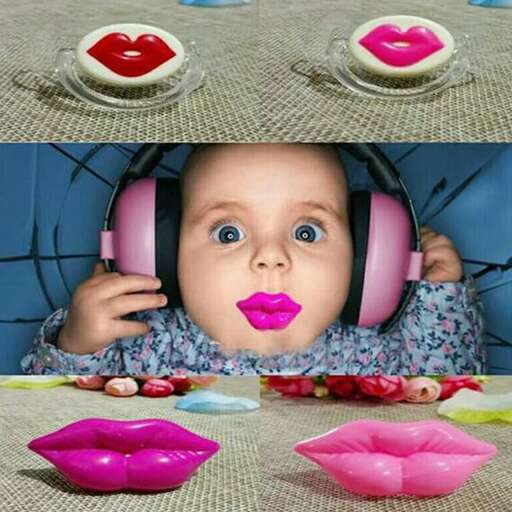 a baby with pink lips and pink lips on a table.