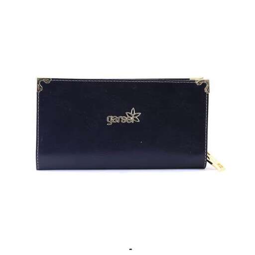 black leather wallet with a gold buckle