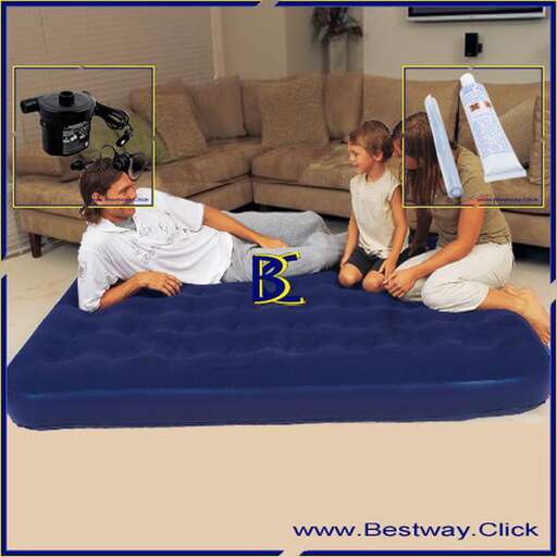 a blue mattress with two children on it