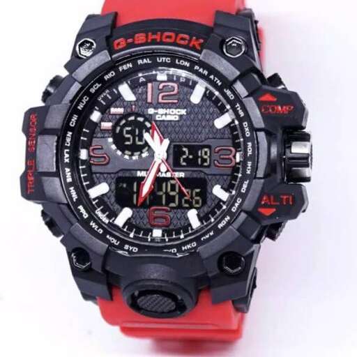 the watch is made of red leather.