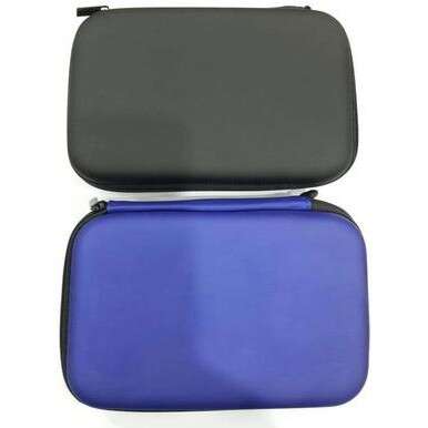 a blue suitcase is shown with a black lid.