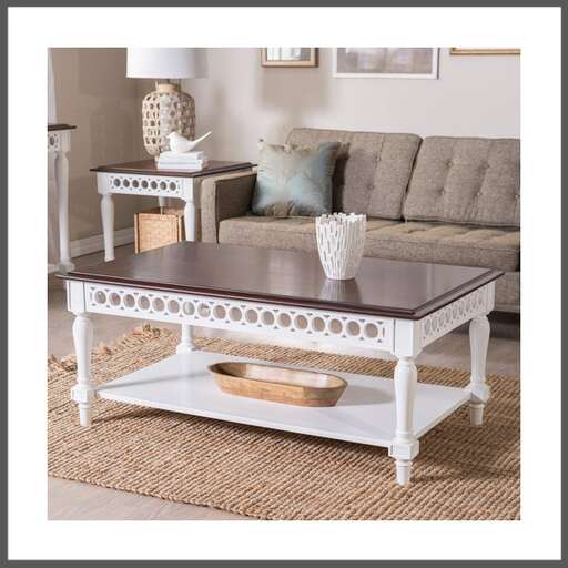 coffee table in white with a wooden bowl