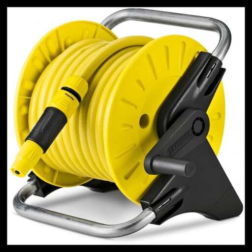 a yellow hose with a black handle.