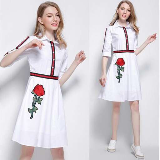 white dress with roses in red