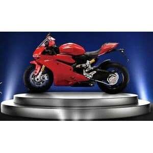 a red motorcycle on a pedestal on a blue background.