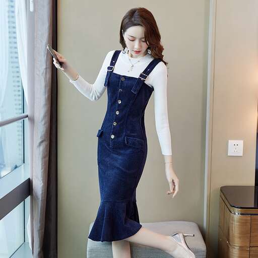 a model in a blue dress