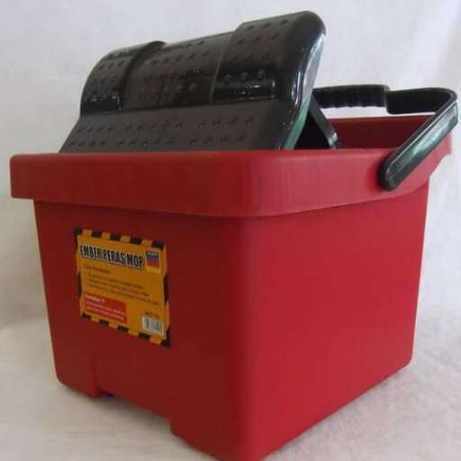a red plastic box with a phone inside.