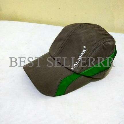 a green and grey baseball cap with a green stripe.