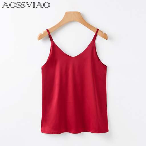 a red tank top with a wide collared front and back.