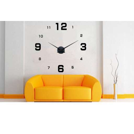 a yellow couch with a clock on the wall