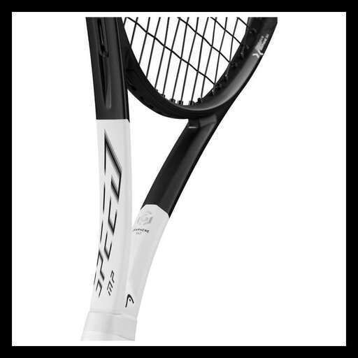 a black and white photo of a tennis racket.