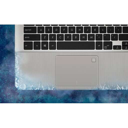 a laptop computer with a black keyboard on a blue and white background.
