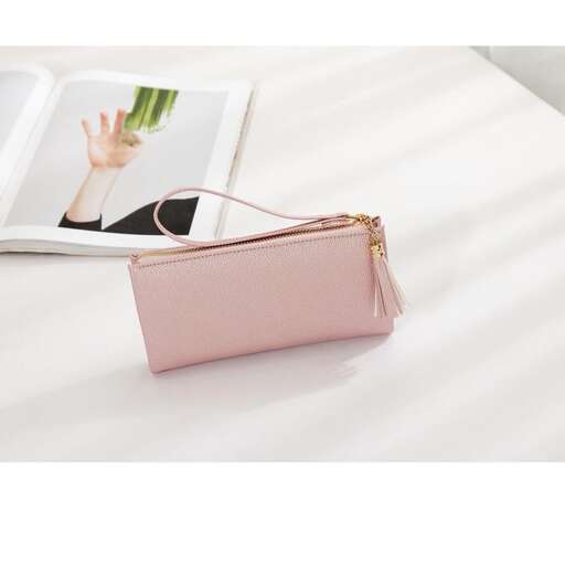 a small pink purse with a zipper.