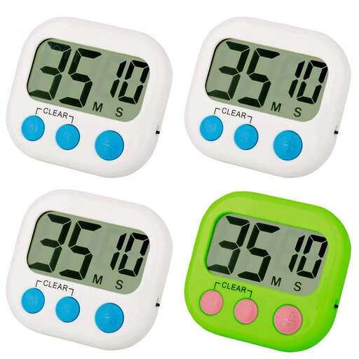 a green digital clock with a blue dial and green buttons