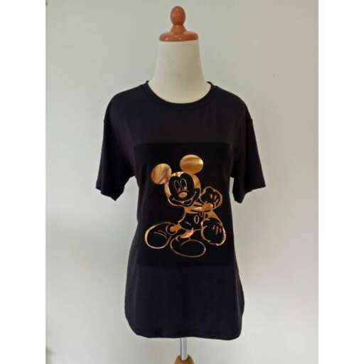 black t - shirt with gold print on the front