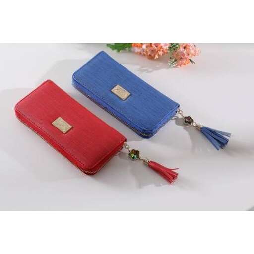a red and blue purse with a zipper.