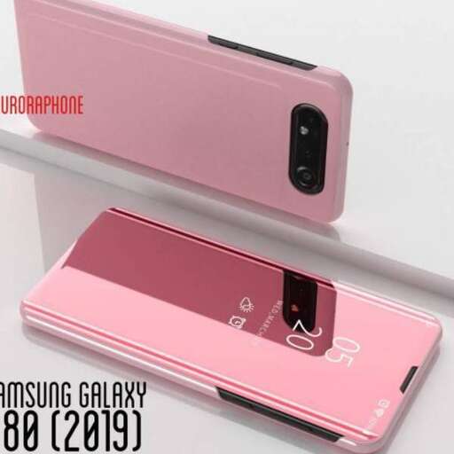 a pink phone with a black case.