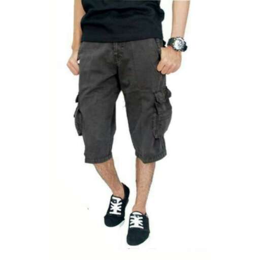 a pair of shorts with a black t - shirt and white shoes.