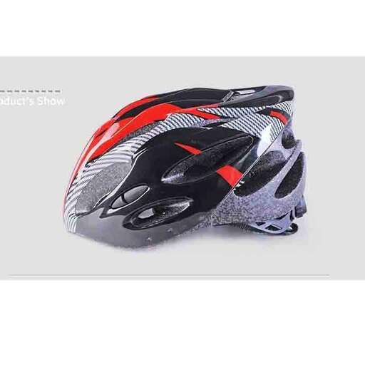a red and black helmet with a black and red design.