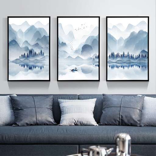 a collection of framed art pieces.