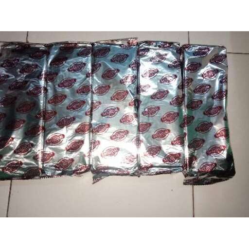 a red and blue tie wrapped in foil.