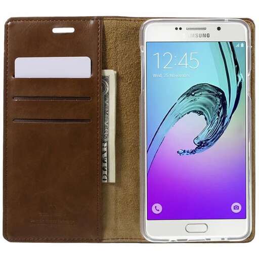 a brown leather wallet with a cell phone inside.