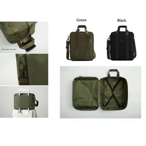 a bag with a green bag on top of it.
