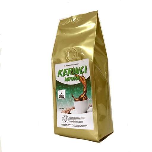 a bag of coffee is sitting on a white background.
