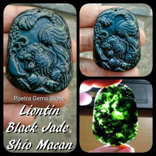 a black stone with green and black marbles.