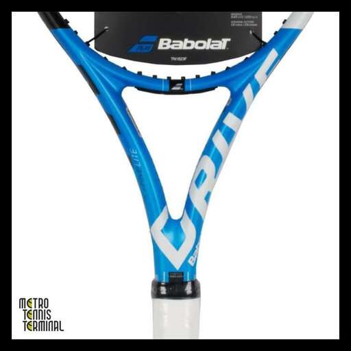 a blue tennis racket with a black handle