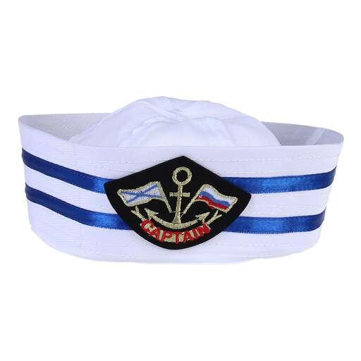 a sailor's cap with a blue stripe and white stripes.