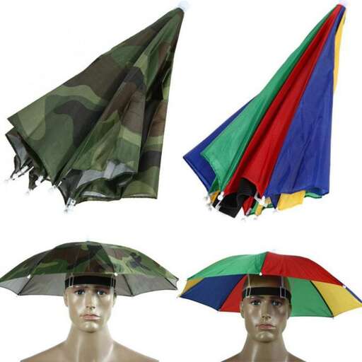 a hat with a wide brim and a colorful umbrella.