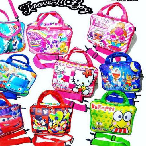 a collection of colorful bags for kids to travel.