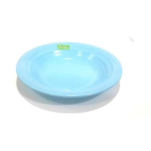 a blue plate with a green label on it.