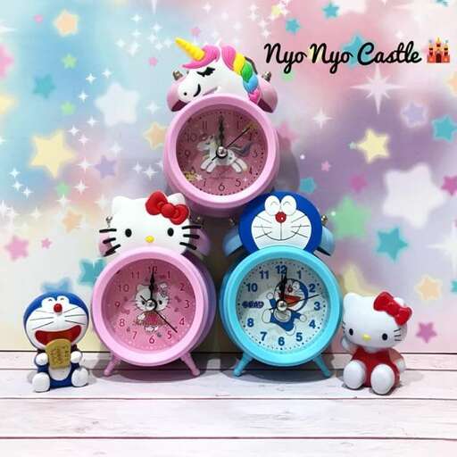 a collection of colorful clocks with different faces.