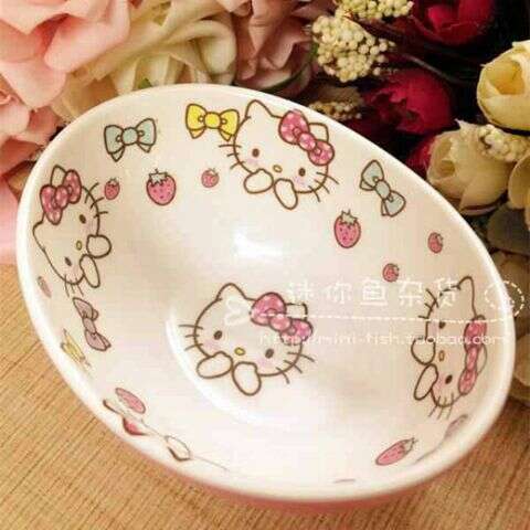 a bowl with a hello kitty on it