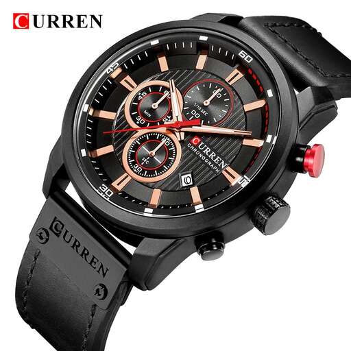 the watch is designed with a black leather strap and a black leather strap.