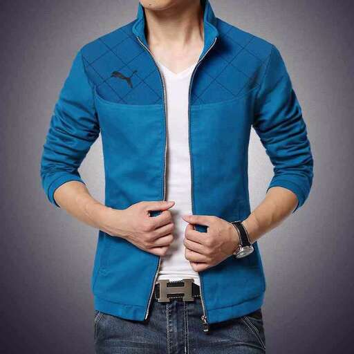 a blue jacket with a white t - shirt