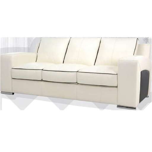 a white leather couch with a white cushion.