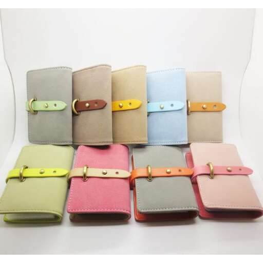 a selection of colorful leather wallets