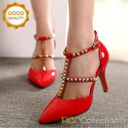 red shoes with a studded heel