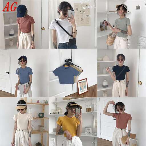 a collage of photos of a woman in a t - shirt and jeans.