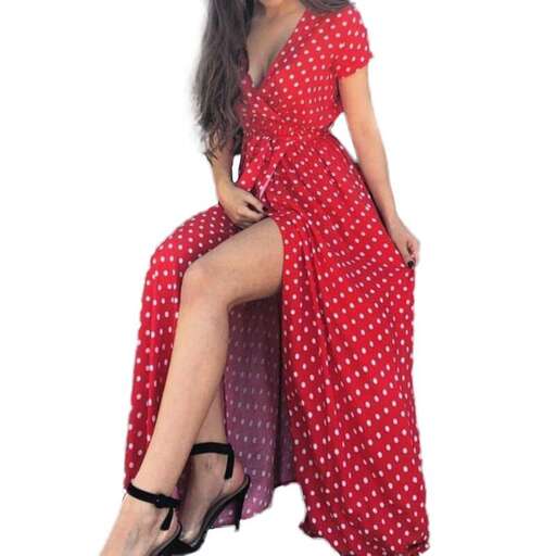 a red dress with polka dots on the bottom.