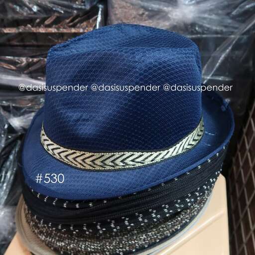 a hat with a blue band on it.